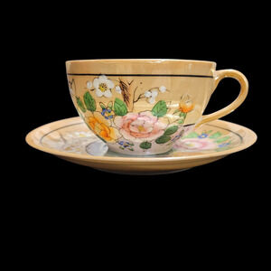 Vintage Made in Japan Peach Lustre Floral Teacup & Saucer Set of 3